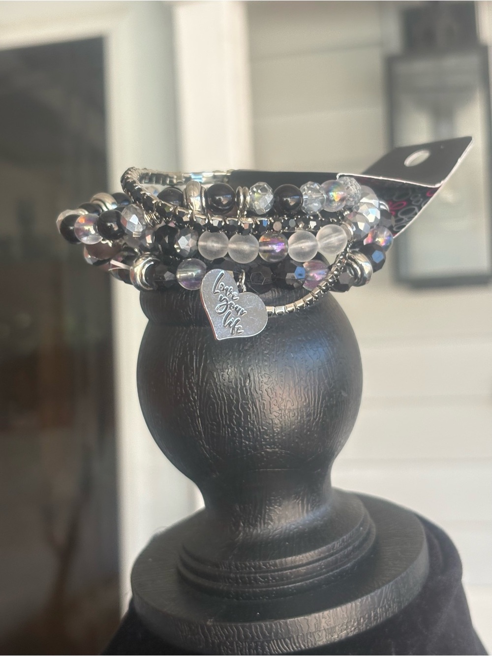 Iridescent Black Beaded Stretch Bracelet Set